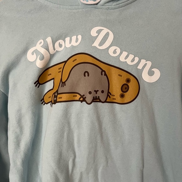 Pusheen and Sloth Crop Hoodie Light Blue Womens Medium Slow Down - Picture 3 of 5